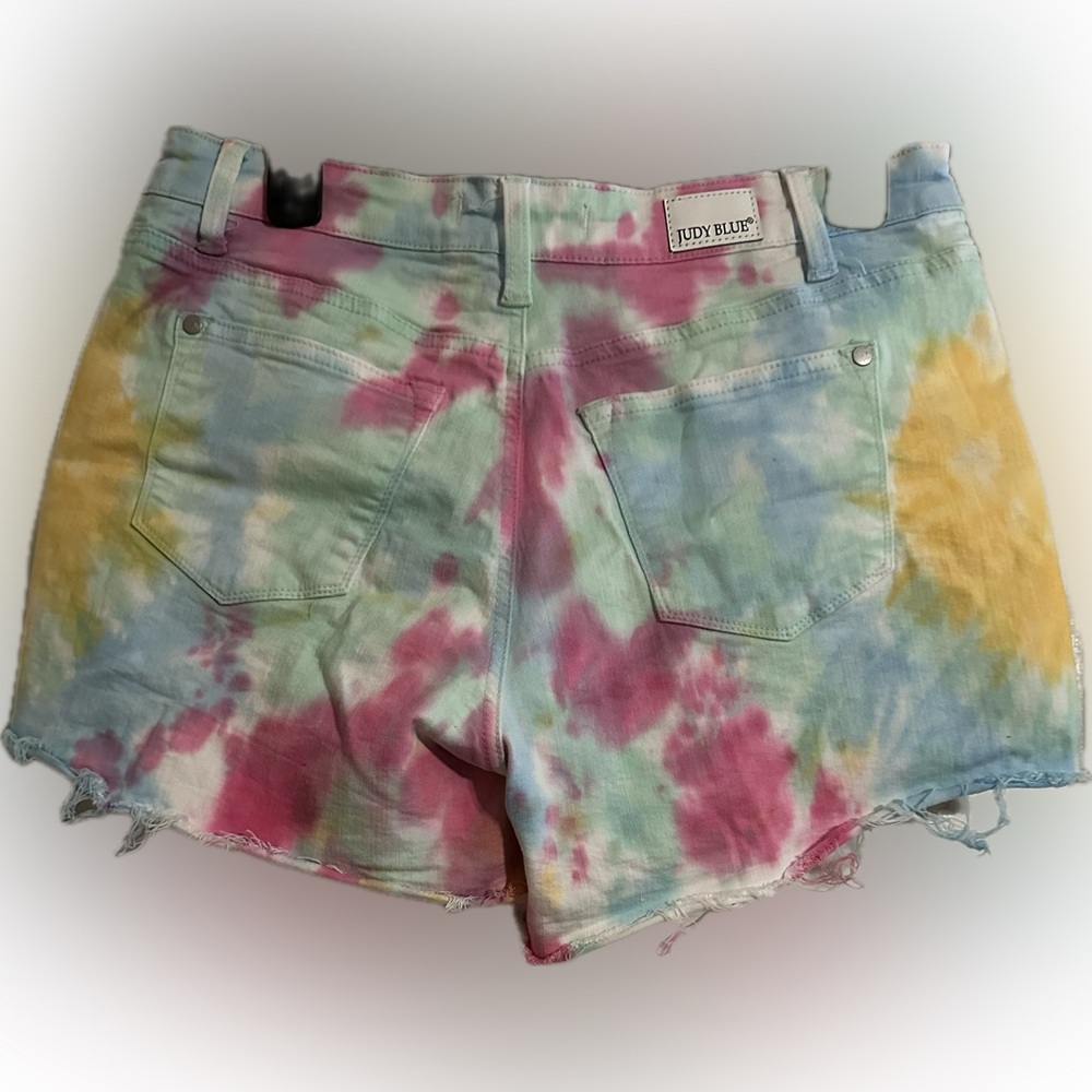 Judy Blue White with Multi-Colored Tie Dye Cut-Off Jean Shorts -Like New, Size L - Picture 2 of 5